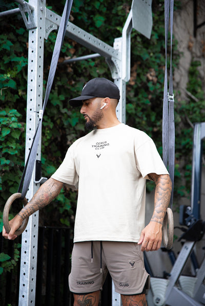 Relaxed fit Cerus Training T-Shirt styled with Biscuit 2-in-1 Shorts.