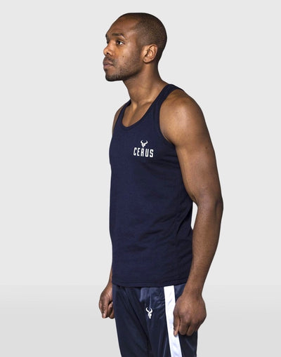 Cerus Navy Stringer Vest with White small print logo-Cerus