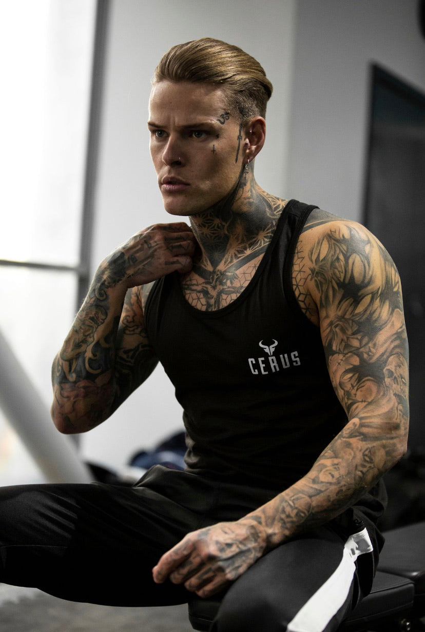 Cerus Black Stringer Vest with White small print logo
